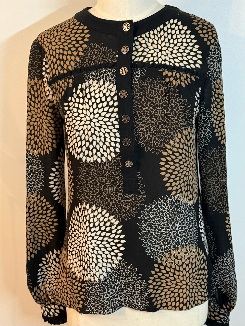 Tory Burch Black Long-Sleeve Henley Top with Taupe & Ivory Floral Medallions